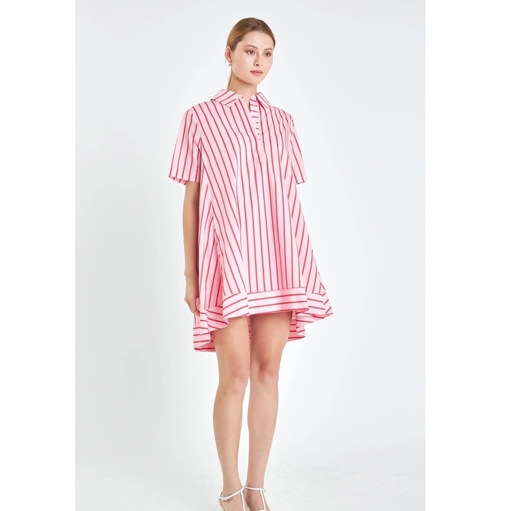 English Factory Pink Red Striped Short Sleeve Mini Shirt Dress Womens